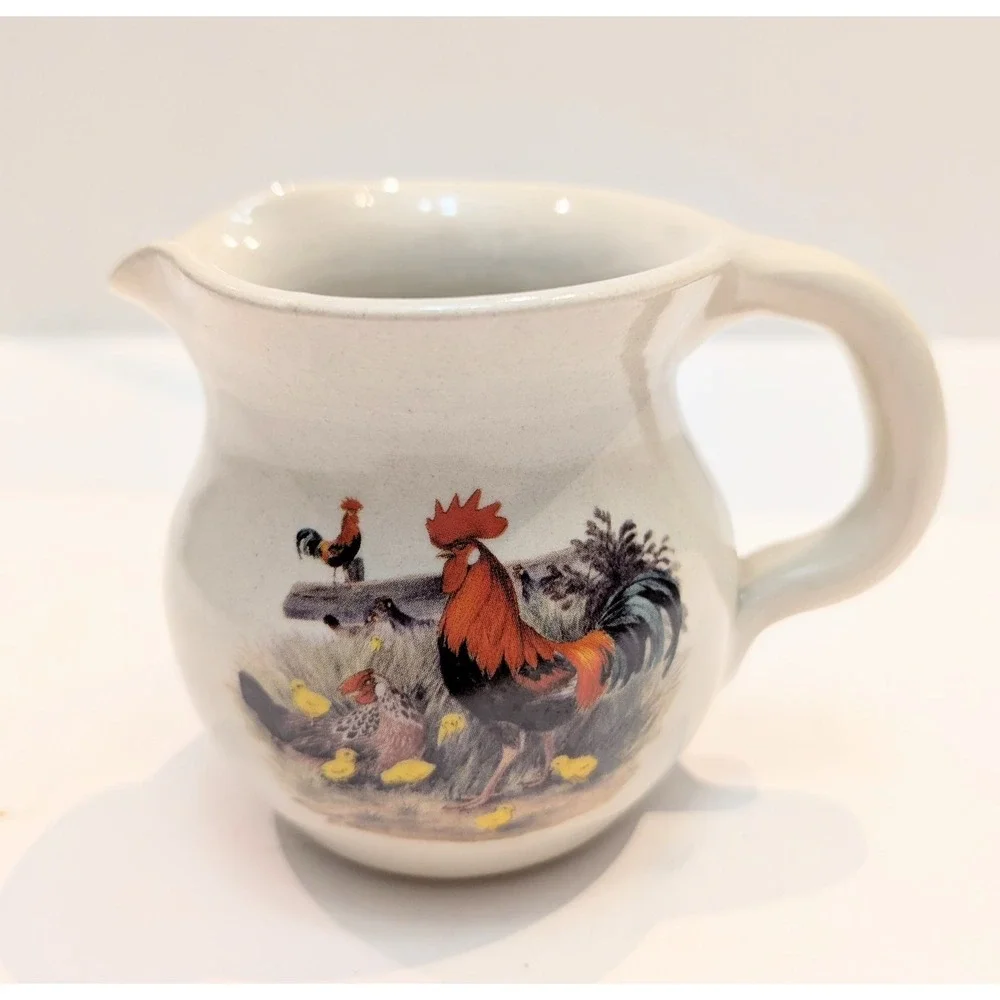 Shakers and Thangs Pottery Texas Stoneware Creamer Pitcher Rooster Chickens Farm